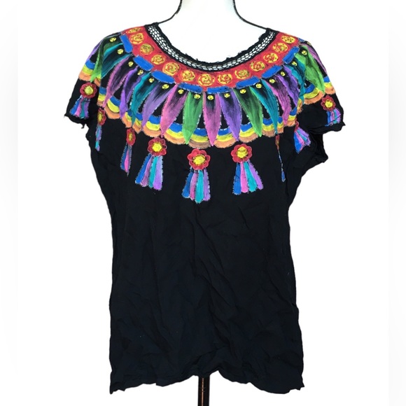 Vintage 90s T Jehnsen Inc Black Hand Painted Mexican Style Top Sequins Rainbow L - Picture 7 of 8